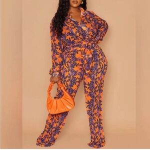 NWT PrettyLittleThing Plus Floral Sheer Beach Flare Pants Orange Purple Sz 14